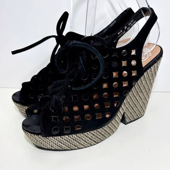 Jeffrey Campbell Suede Lace Up Platform Heel Peep Toe Sandal Black Women 8.5 - Picture 2 of 11